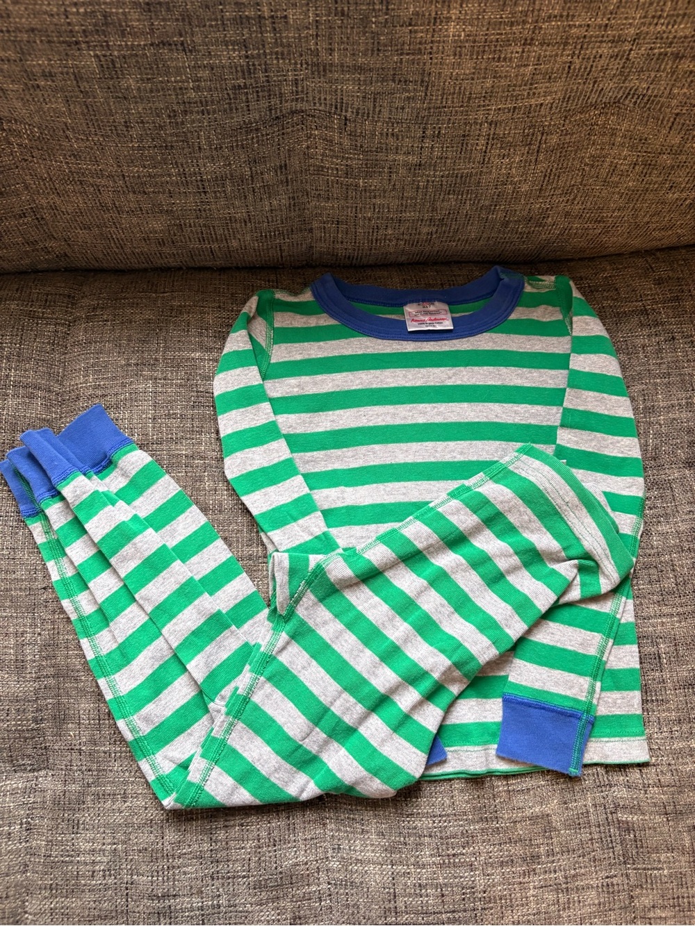 Hanna Andersson Green and Gray Striped Pajama Set with Blue Trim boys 6-7